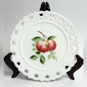 Vintage Kemple Milk Glass Plate Hand Painted Cherries